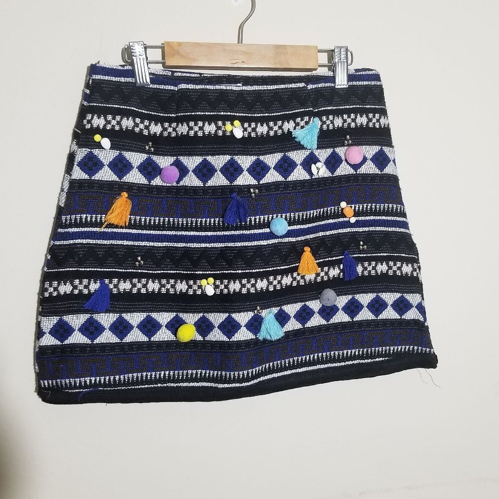 Morning Women's Tweed Mini Skirt Small Blue Pompoms Tassels Rhinestones Boho